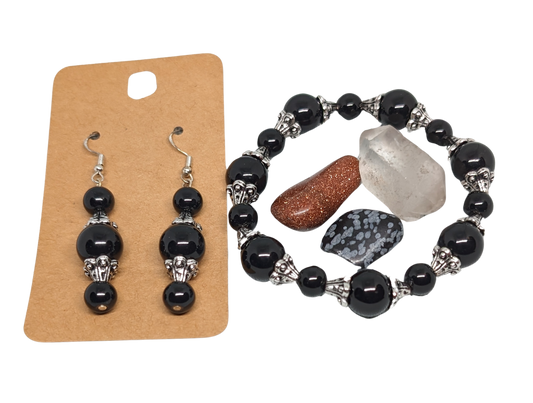 Obsidian Drops Earrings & Bracelet